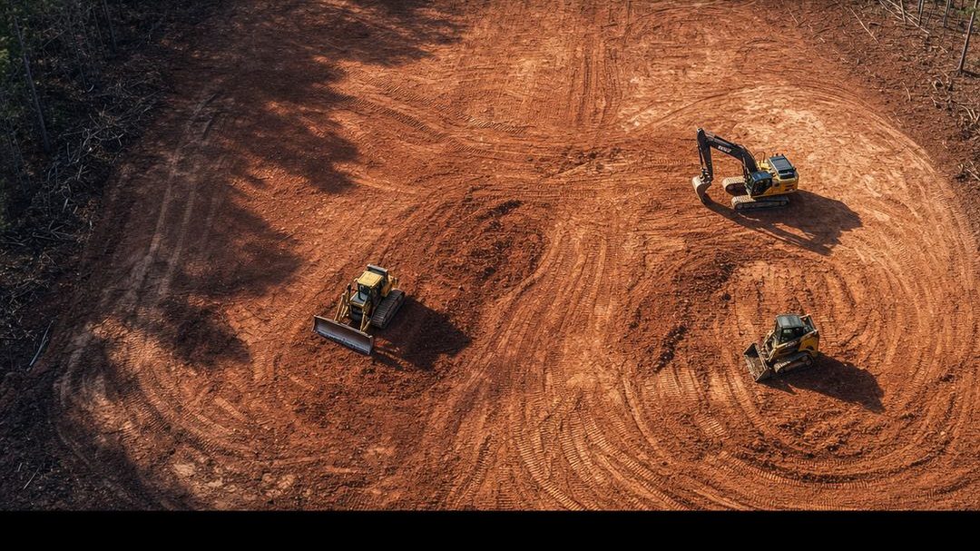 Aerial view of a large tract of Georgia red-clay land freshly cleared and graded by M310 equipment